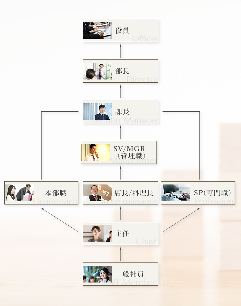 一般社員→主任（→本部職）（→SP(専門職)）→店長・料理長→SV・MGR（管理職）→課長→部長→役員